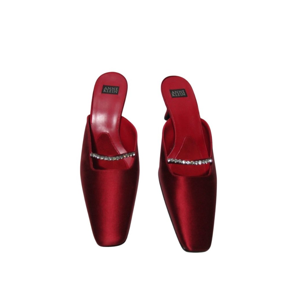 NWT Vintage Red Satin Mule with Square Toe, Heart Shaped Heel and Rhinestones